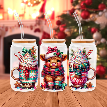 Christmas Highland Cow | Glass Cans