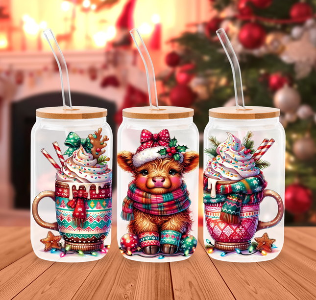 Christmas Highland Cow | Glass Cans
