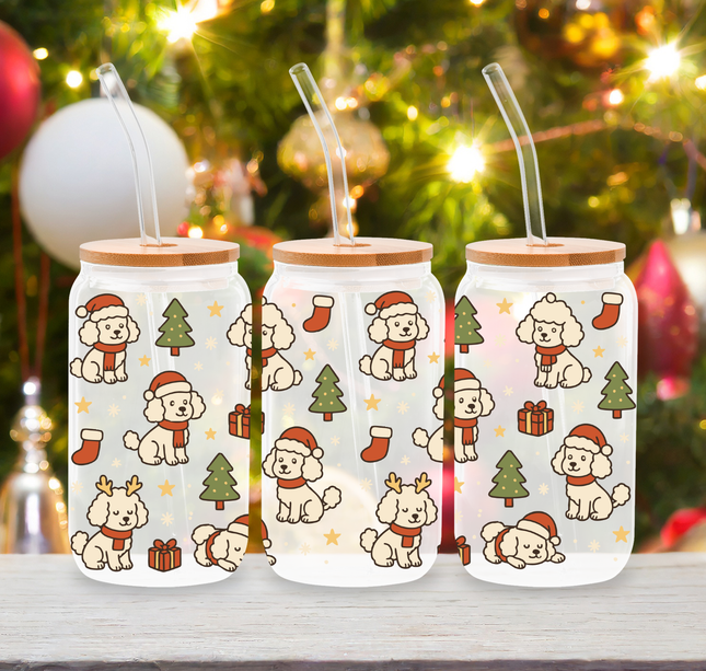 White Poodle | Doggy Christmas | Glass Cans